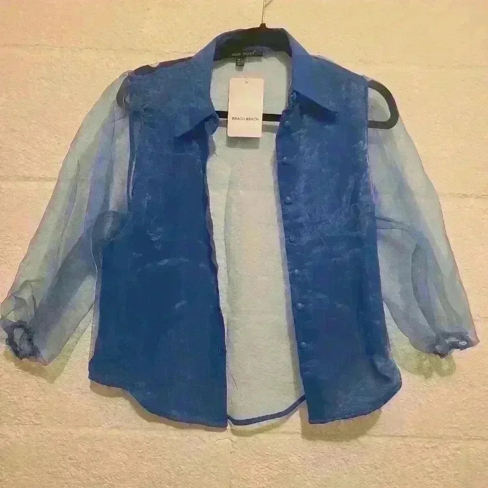 NWT Brach Brach Women's Sheer Blue Button-Up Blouse – Size XS